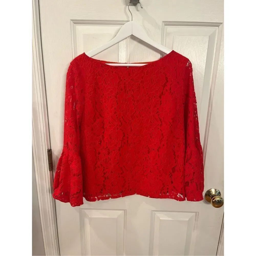 Laundry by Shelli Segal Red Lace Bell Puff Sleeve Key Hole Blouse sz M EUC
